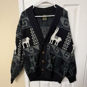 Vintage Tejidos Ruminahui Sweater Adult XL Wool Cardigan Aztec Alpaca Llama